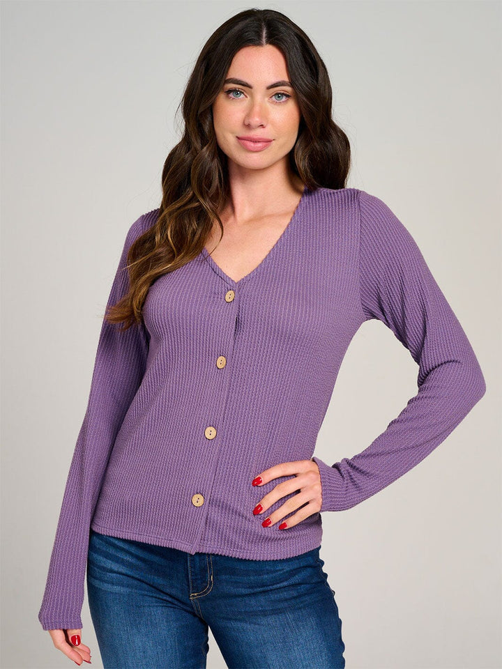 WOMEN'S LONG SLEEVE BUTTON CLOSURE RIBBED TOP
