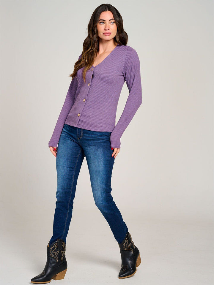 WOMEN'S LONG SLEEVE BUTTON CLOSURE RIBBED TOP