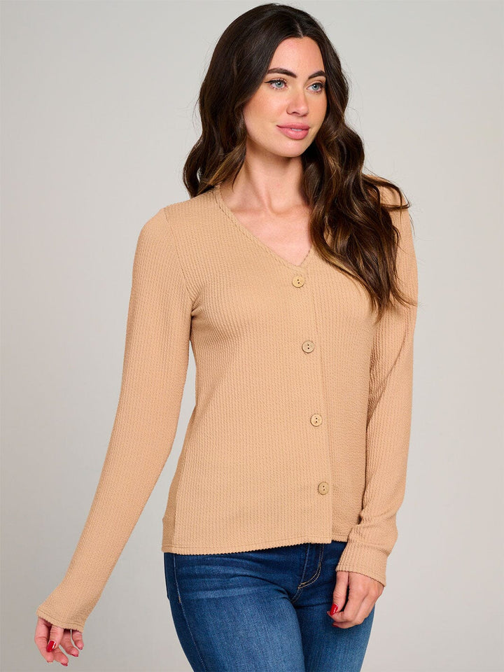 WOMEN'S LONG SLEEVE BUTTON CLOSURE RIBBED TOP