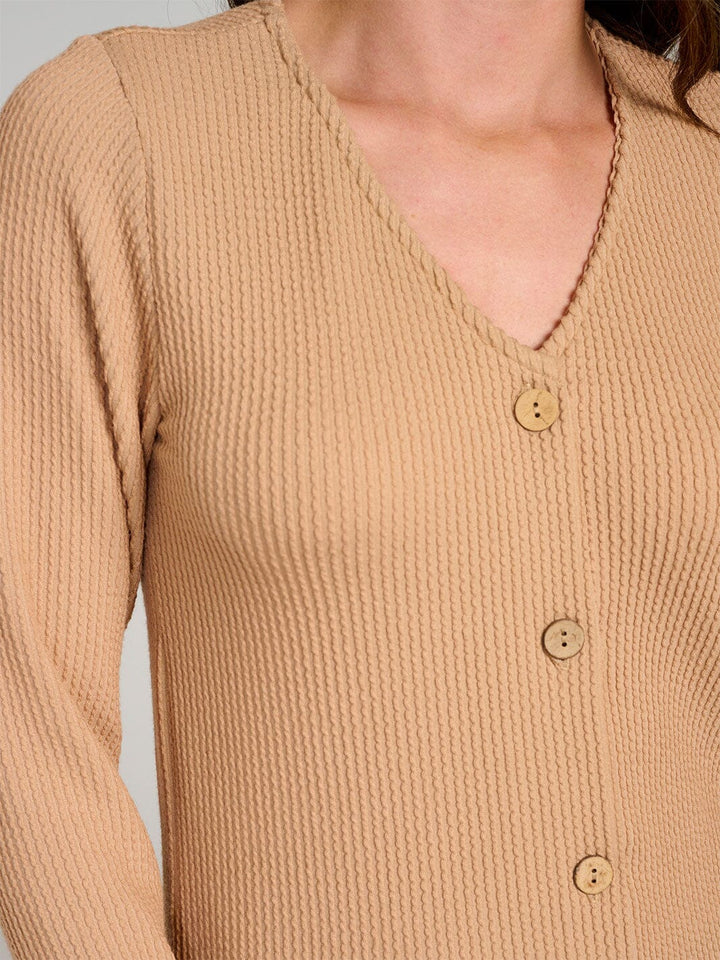 WOMEN'S LONG SLEEVE BUTTON CLOSURE RIBBED TOP