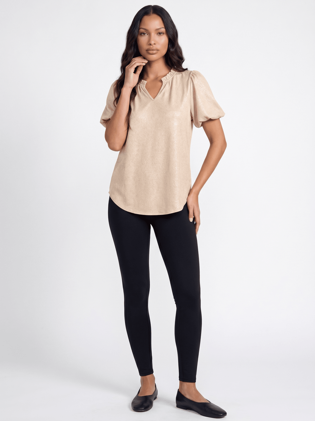 WOMEN'S SHORT BUBBLE SLEEVE V-NECK SHIMMER BLOUSE