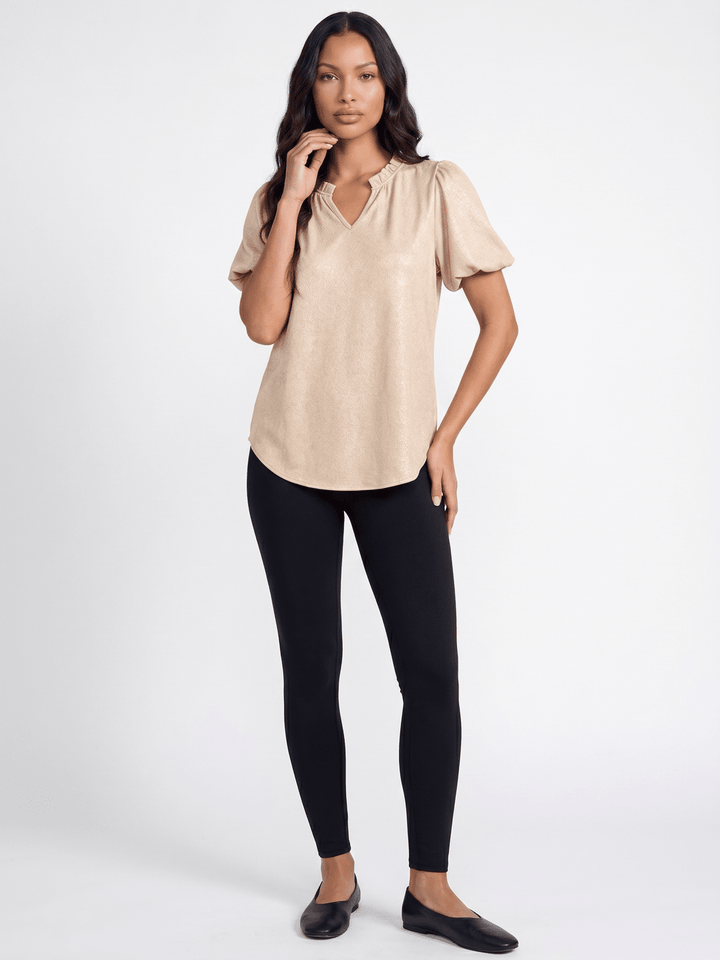 WOMEN'S SHORT BUBBLE SLEEVE V-NECK SHIMMER BLOUSE