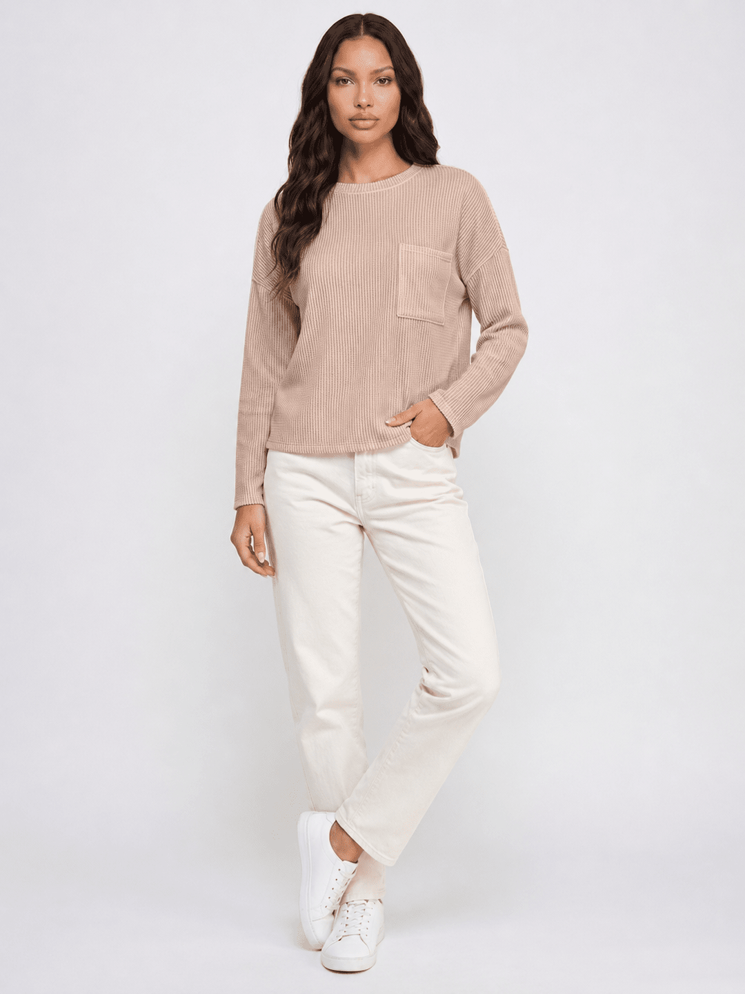 WOMEN'S LONG SLEEVE FRONT POCKET RIBBED TOP