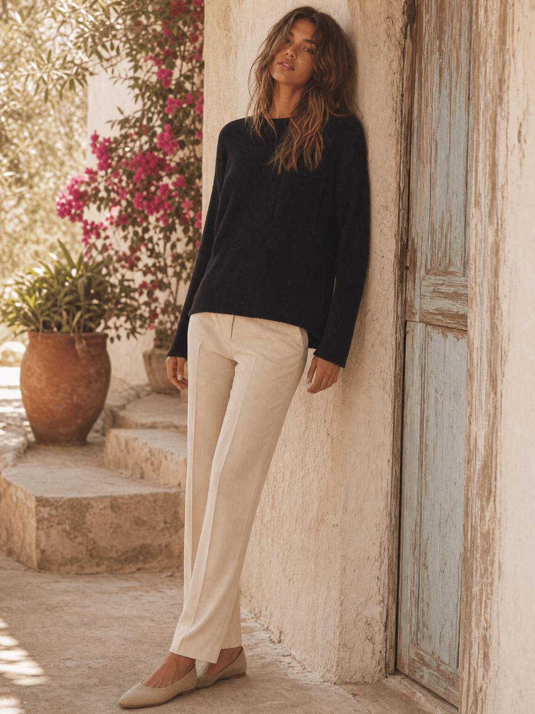******************WOMEN'S LONG SLEEVE FRONT POCKET RIBBED TOP