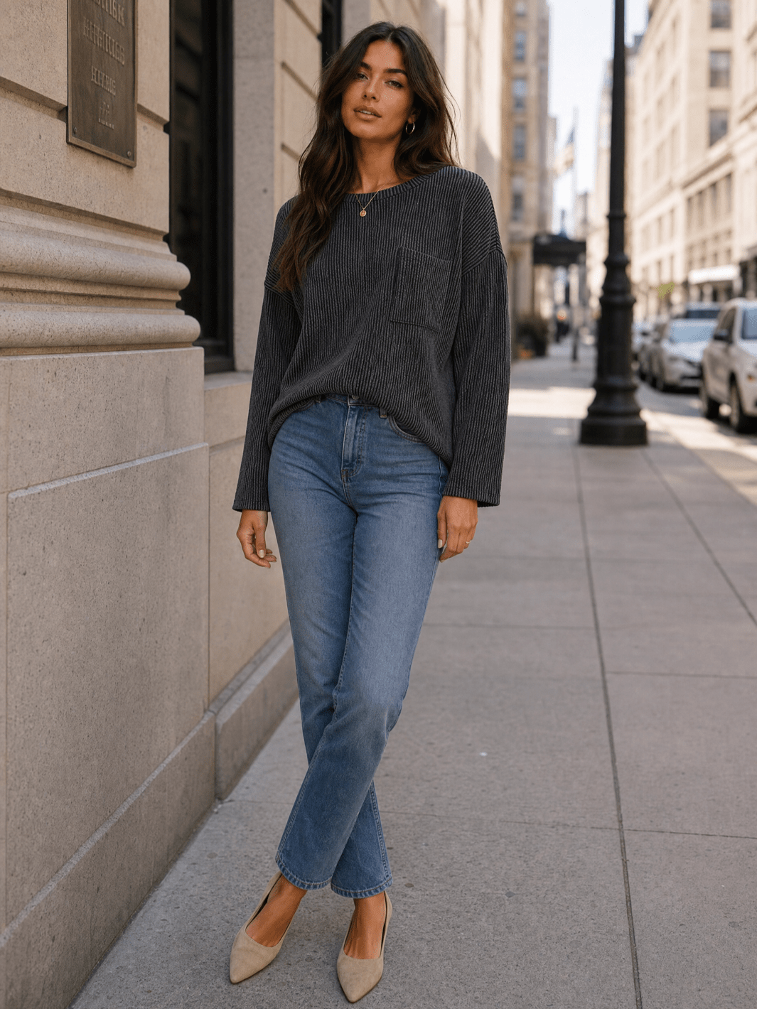 ******************WOMEN'S LONG SLEEVE FRONT POCKET RIBBED TOP