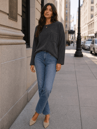 ******************WOMEN'S LONG SLEEVE FRONT POCKET RIBBED TOP