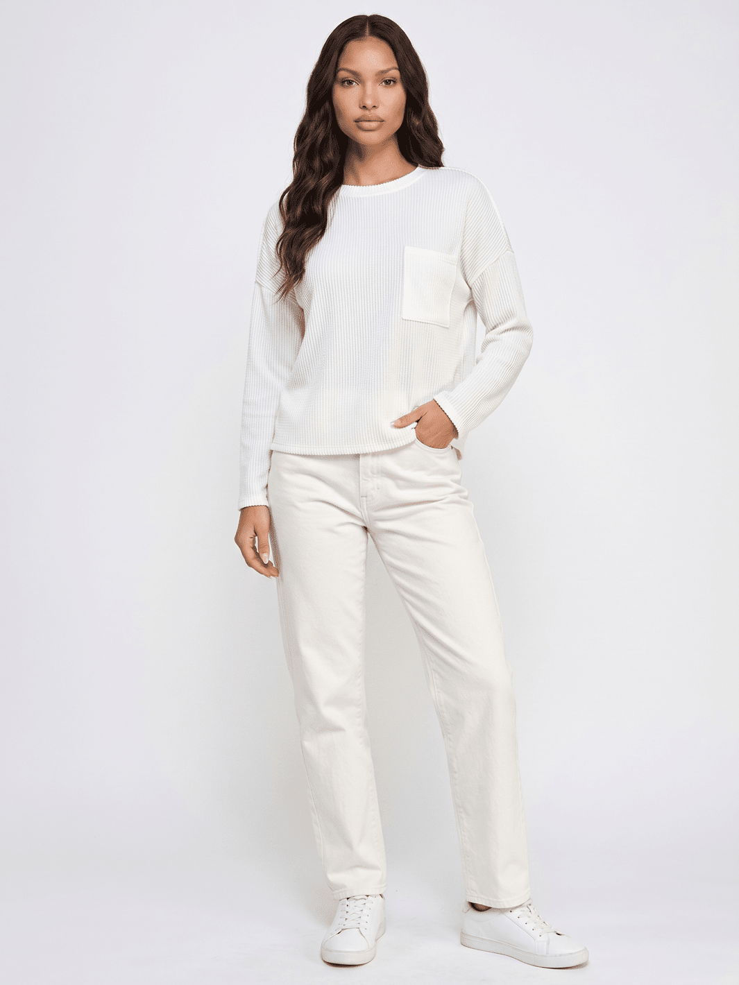 ******************WOMEN'S LONG SLEEVE FRONT POCKET RIBBED TOP