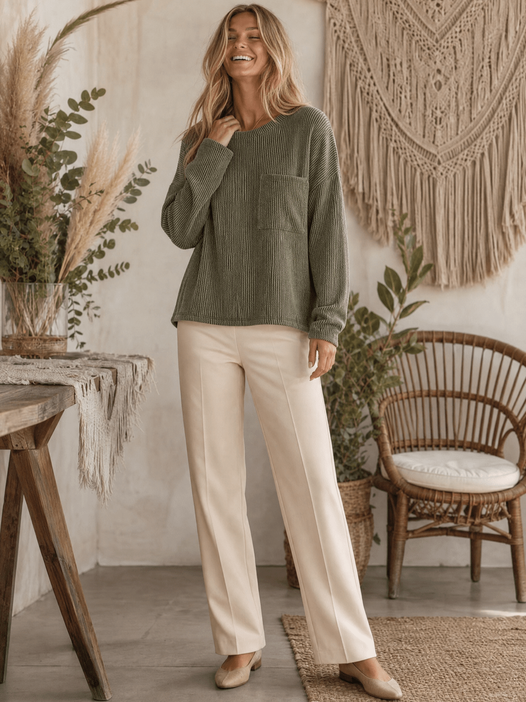 ******************WOMEN'S LONG SLEEVE FRONT POCKET RIBBED TOP