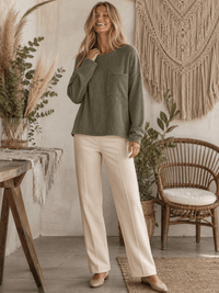 ******************WOMEN'S LONG SLEEVE FRONT POCKET RIBBED TOP