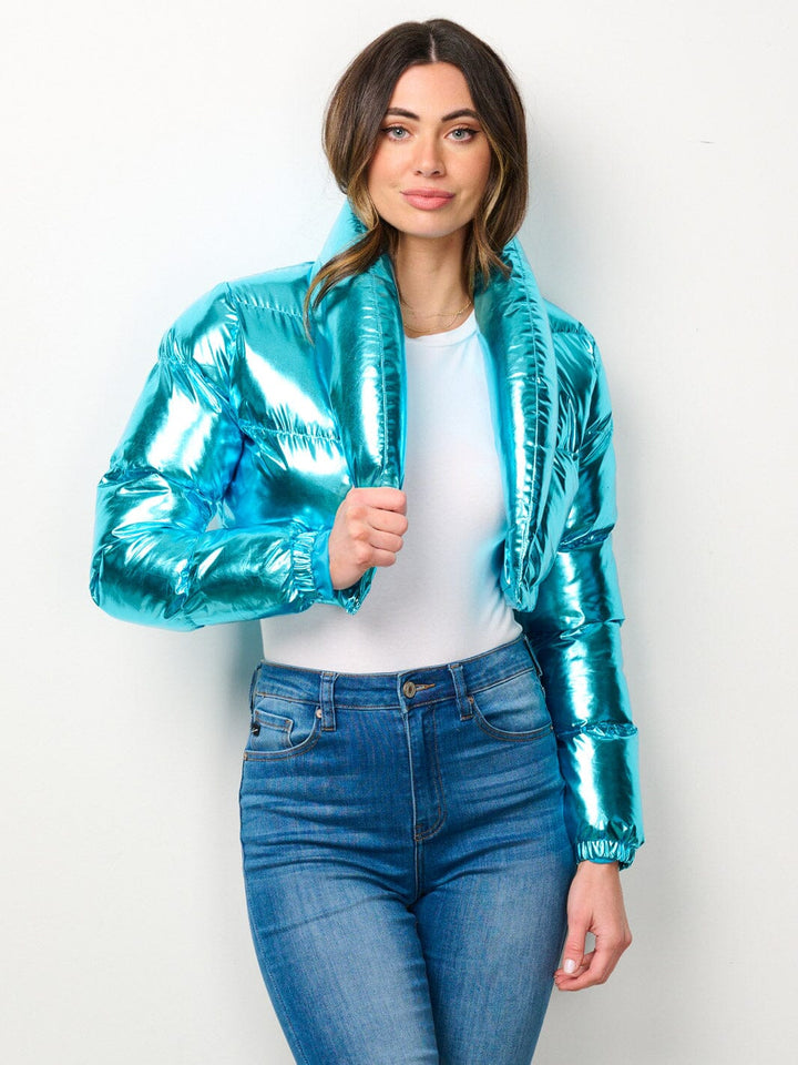 WOMEN'S LONG SLEEVE BUTTON CLOSURE CROP PUFFER JACKET