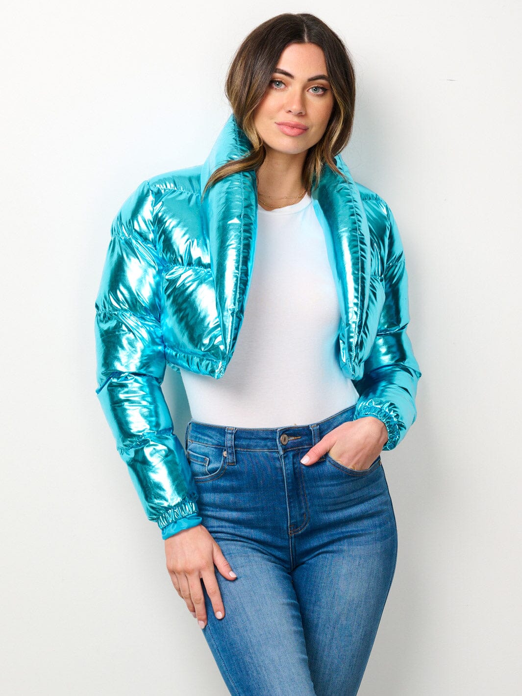 WOMEN'S LONG SLEEVE BUTTON CLOSURE CROP PUFFER JACKET