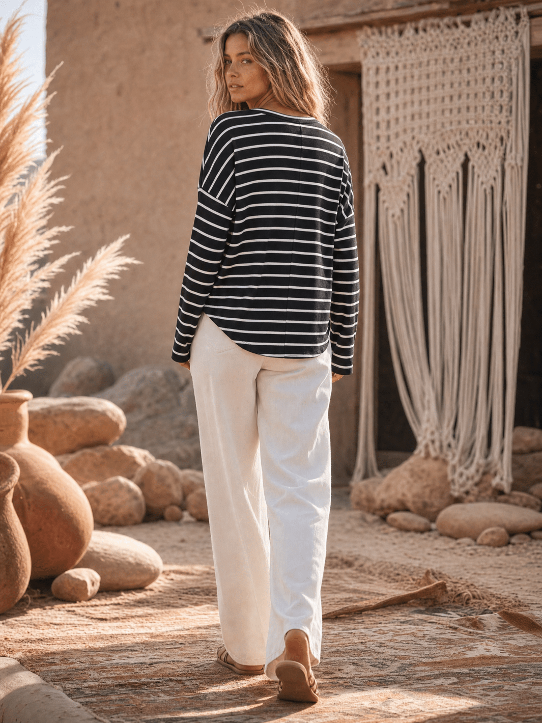 WOMEN'S LONG SLEEVE V-NECK COLORBLOCK STRIPES TOP
