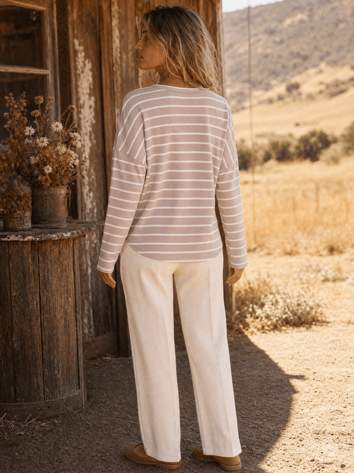 WOMEN'S LONG SLEEVE V-NECK COLORBLOCK STRIPES TOP