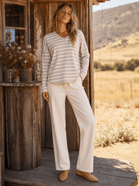 WOMEN'S LONG SLEEVE V-NECK COLORBLOCK STRIPES TOP