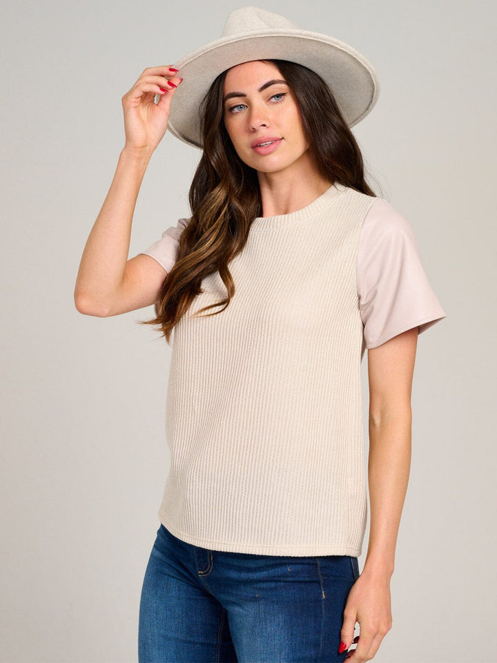 WOMEN'S SHORT SLEEVE KNIT CONTRAST PU PLEATHER BLOUSE