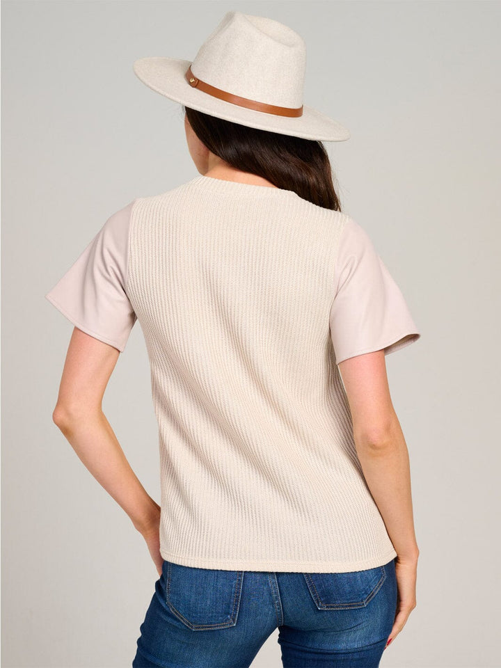 WOMEN'S SHORT SLEEVE KNIT CONTRAST PU PLEATHER BLOUSE