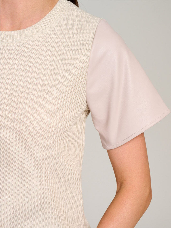 WOMEN'S SHORT SLEEVE KNIT CONTRAST PU PLEATHER BLOUSE