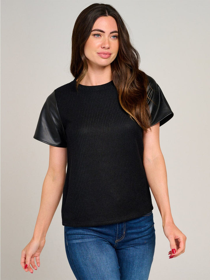 WOMEN'S SHORT SLEEVE KNIT CONTRAST PU PLEATHER BLOUSE