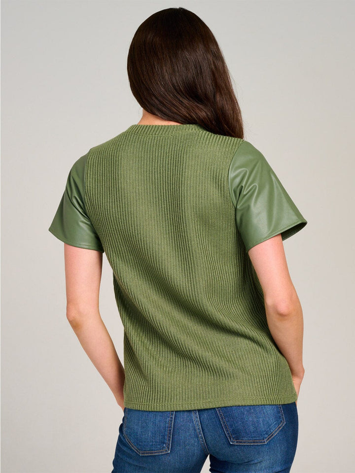 WOMEN'S SHORT SLEEVE KNIT CONTRAST PU PLEATHER BLOUSE