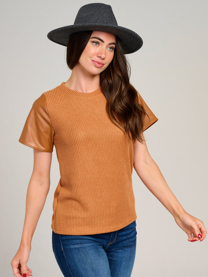 WOMEN'S SHORT SLEEVE KNIT CONTRAST PU PLEATHER BLOUSE