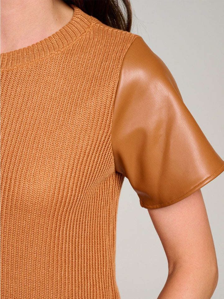 WOMEN'S SHORT SLEEVE KNIT CONTRAST PU PLEATHER BLOUSE