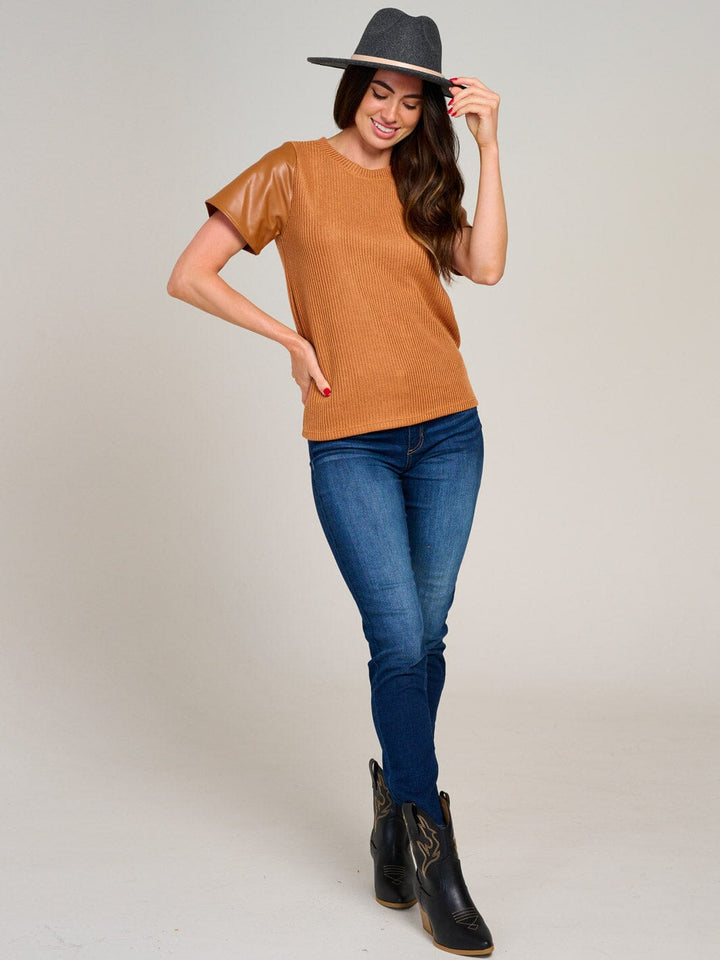 WOMEN'S SHORT SLEEVE KNIT CONTRAST PU PLEATHER BLOUSE