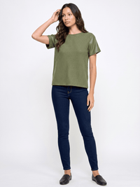 WOMEN'S SHORT PU PLEATHER SLEEVE KNIT CONTRAST TOP