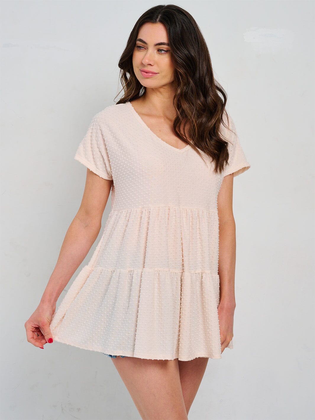 WOMEN'S SHORT SLEEVE V-NECK TUNIC TIERED SWISS DETAILED BLOUSE