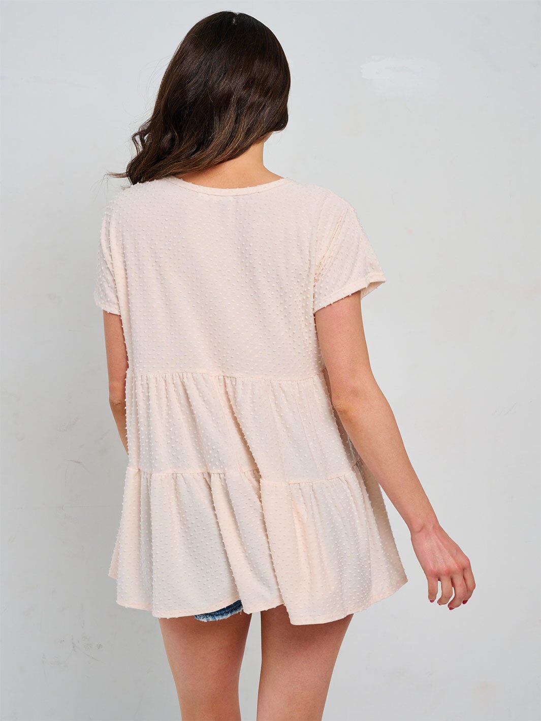 WOMEN'S SHORT SLEEVE V-NECK TUNIC TIERED SWISS DETAILED BLOUSE