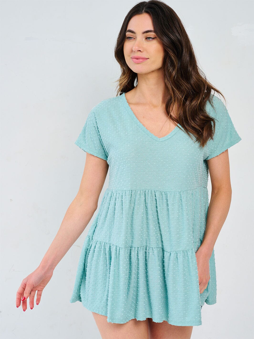 WOMEN'S SHORT SLEEVE V-NECK TUNIC TIERED SWISS DETAILED BLOUSE