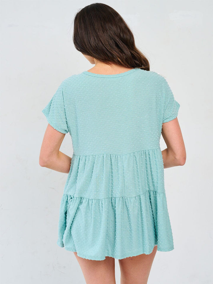 WOMEN'S SHORT SLEEVE V-NECK TUNIC TIERED SWISS DETAILED BLOUSE