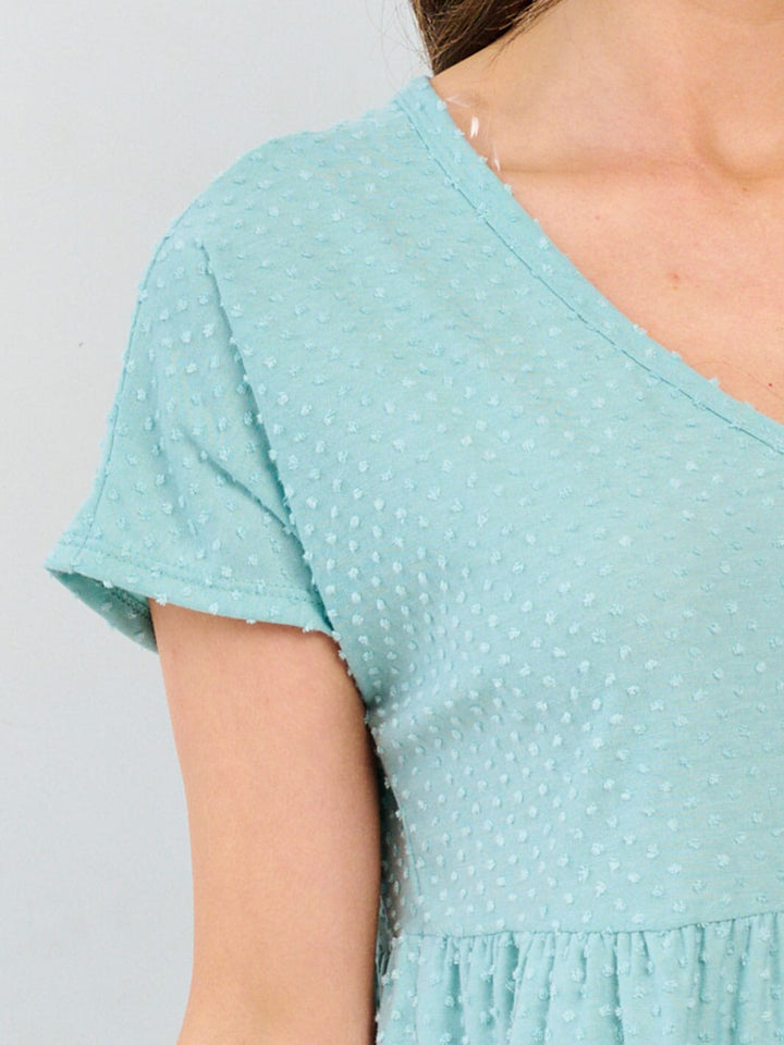 WOMEN'S SHORT SLEEVE V-NECK TUNIC TIERED SWISS DETAILED BLOUSE
