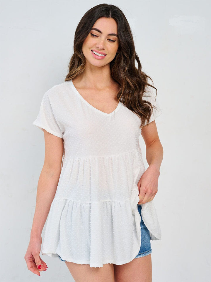 WOMEN'S SHORT SLEEVE V-NECK TUNIC TIERED SWISS DETAILED BLOUSE