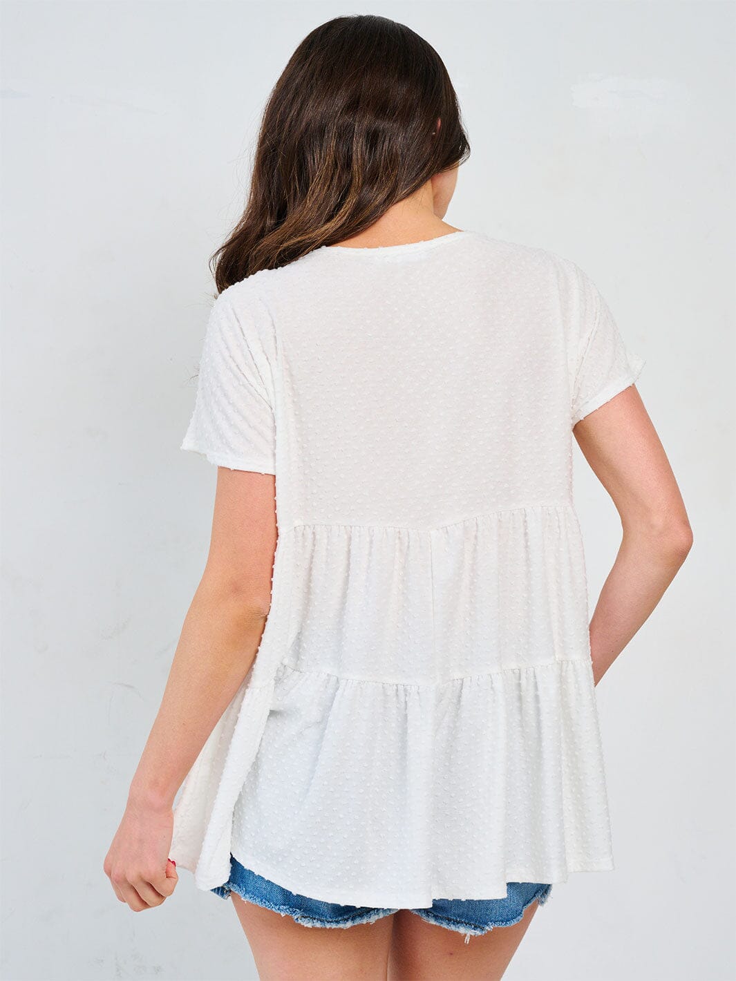 WOMEN'S SHORT SLEEVE V-NECK TUNIC TIERED SWISS DETAILED BLOUSE