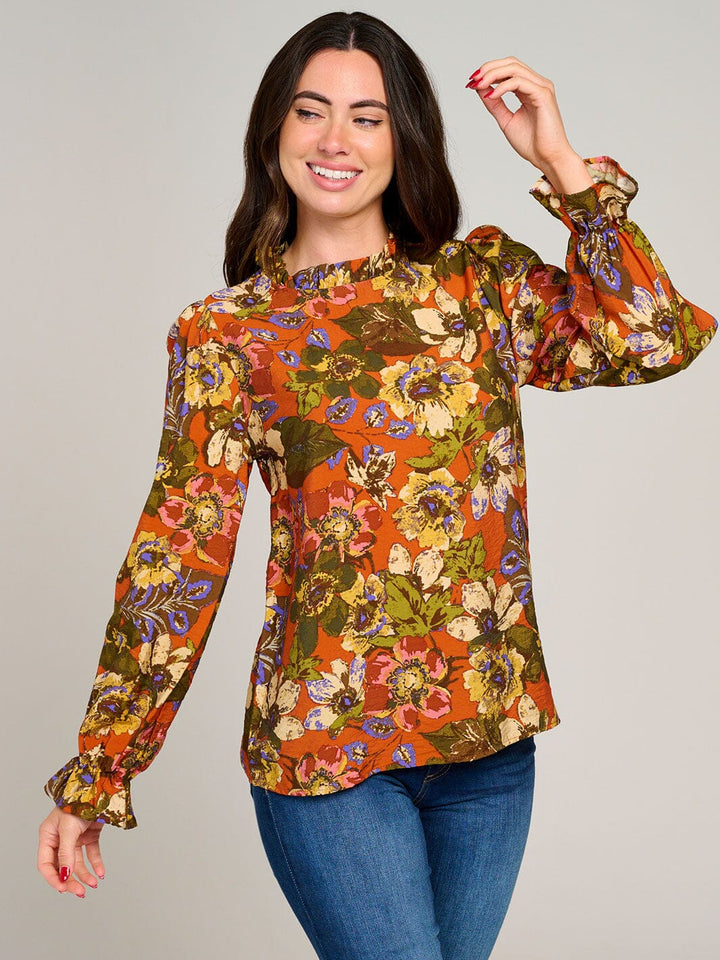 WOMEN'S LONG SLEEVE MOCK NECK RUFFLE FLORAL BLOUSE