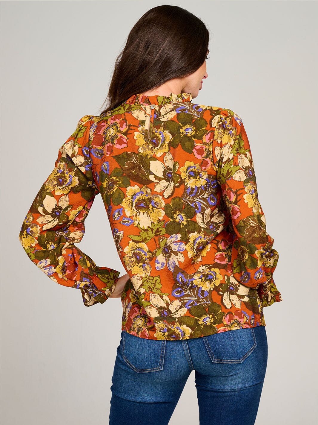 WOMEN'S LONG SLEEVE MOCK NECK RUFFLE FLORAL BLOUSE