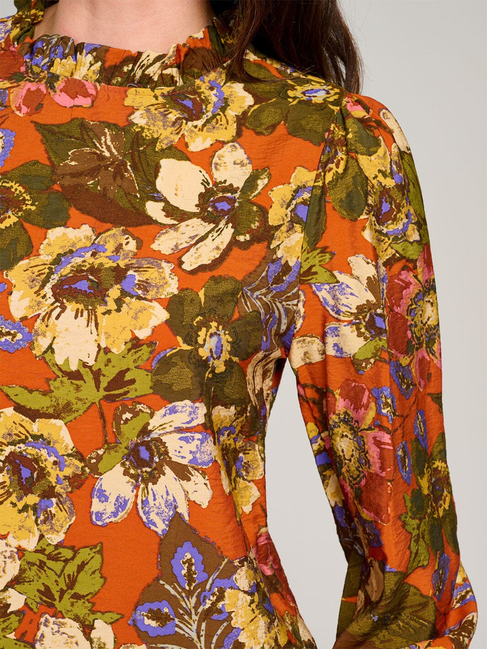 WOMEN'S LONG SLEEVE MOCK NECK RUFFLE FLORAL BLOUSE