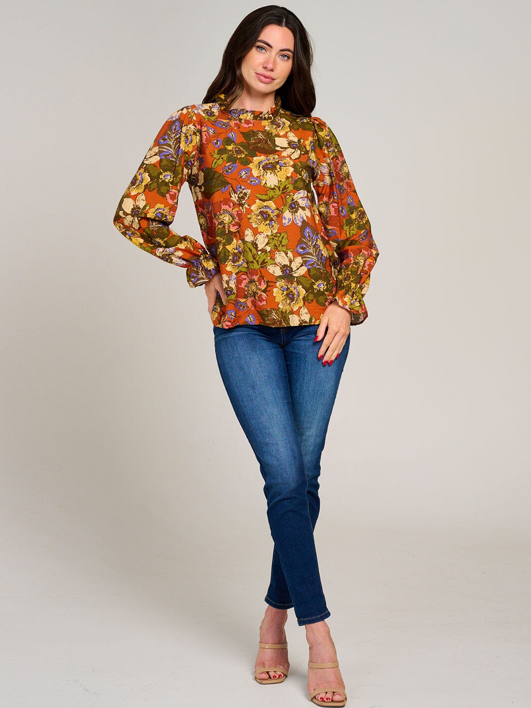 WOMEN'S LONG SLEEVE MOCK NECK RUFFLE FLORAL BLOUSE