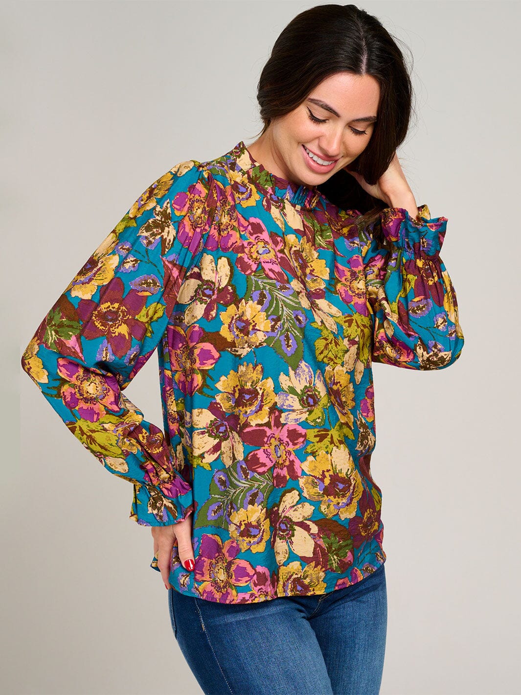 WOMEN'S LONG SLEEVE MOCK NECK RUFFLE FLORAL BLOUSE