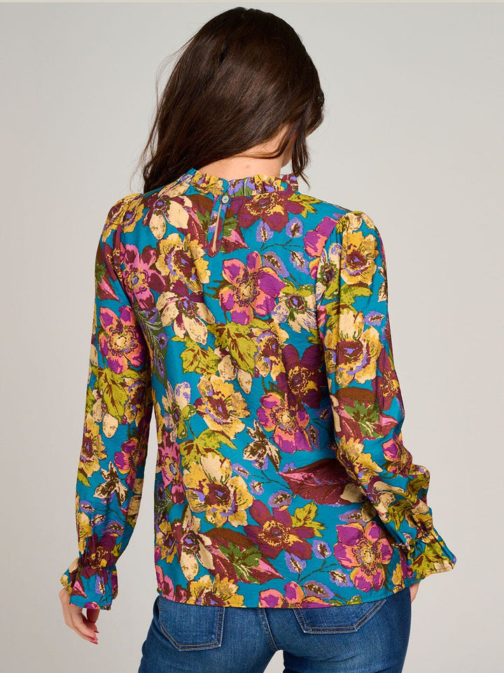 WOMEN'S LONG SLEEVE MOCK NECK RUFFLE FLORAL BLOUSE