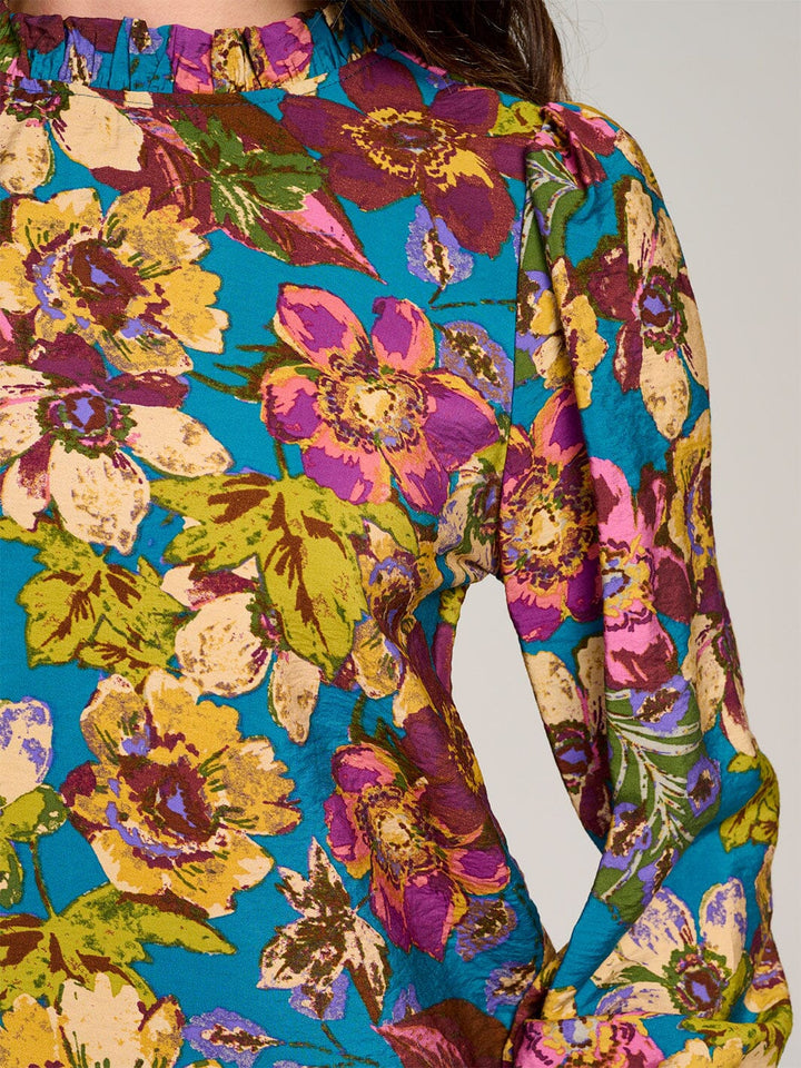 WOMEN'S LONG SLEEVE MOCK NECK RUFFLE FLORAL BLOUSE