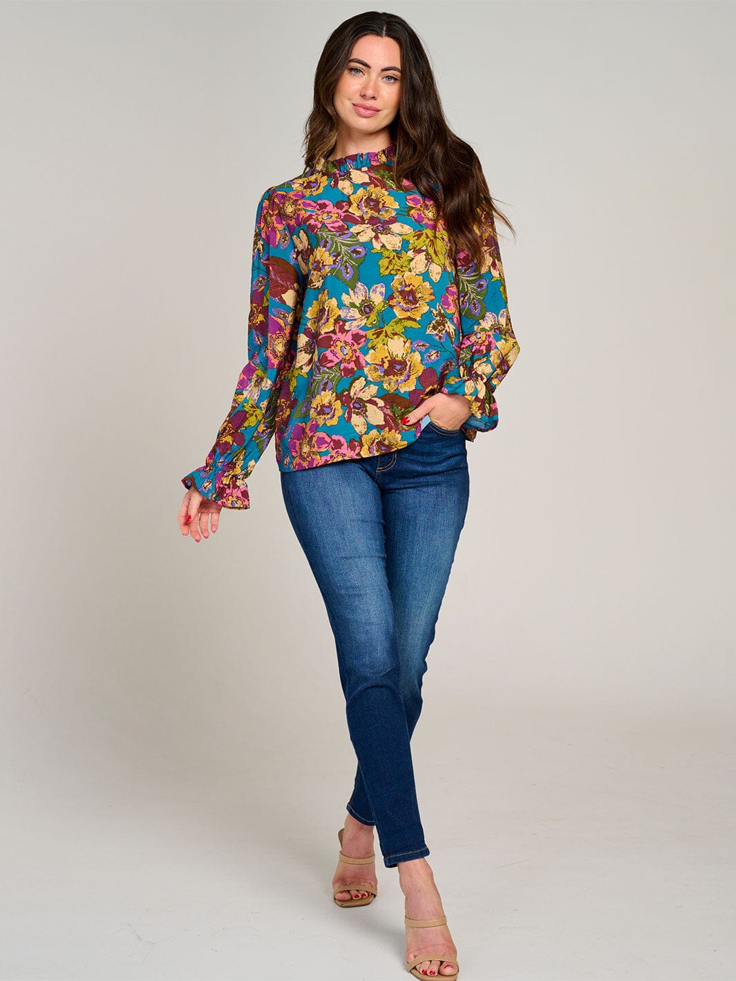 WOMEN'S LONG SLEEVE MOCK NECK RUFFLE FLORAL BLOUSE