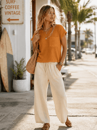 WOMEN'S SHORT SLEEVE FRONT POCKET RIBBED TOP