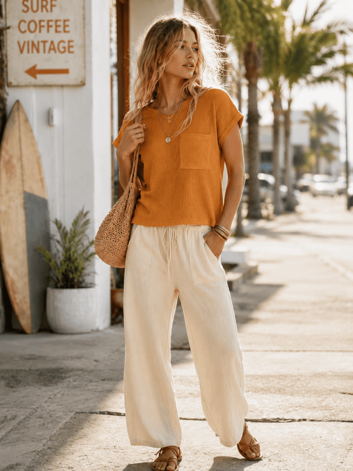 WOMEN'S SHORT SLEEVE FRONT POCKET RIBBED TOP