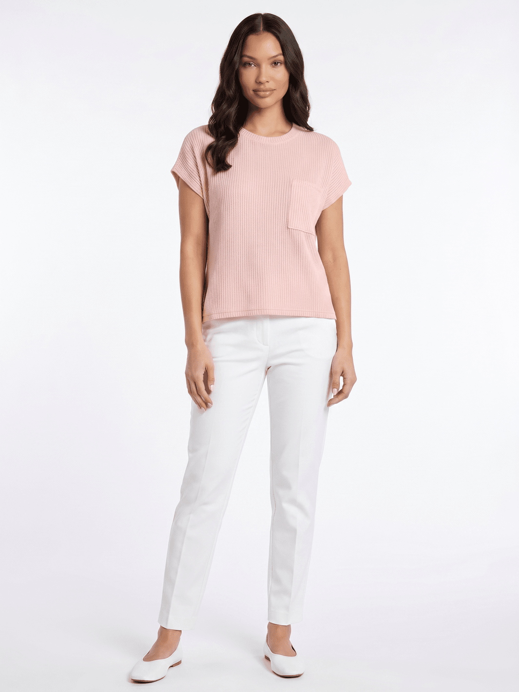 WOMEN'S SHORT SLEEVE FRONT POCKET RIBBED TOP
