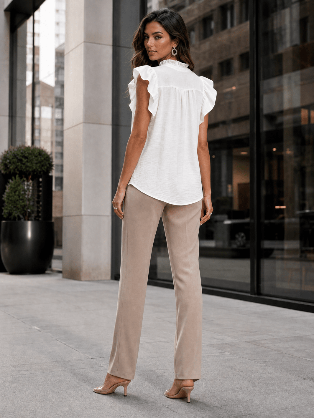 WOMEN'S SHORT RUFFLE SLEEVE BUTTON UP BLOUSE