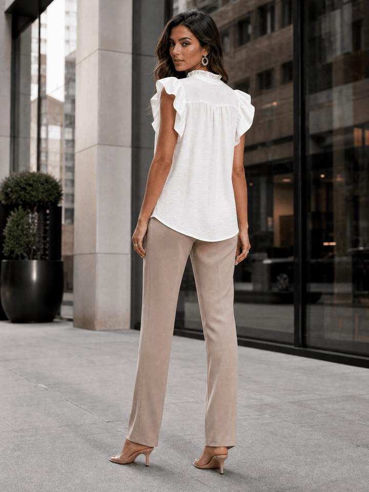 WOMEN'S SHORT RUFFLE SLEEVE BUTTON UP BLOUSE