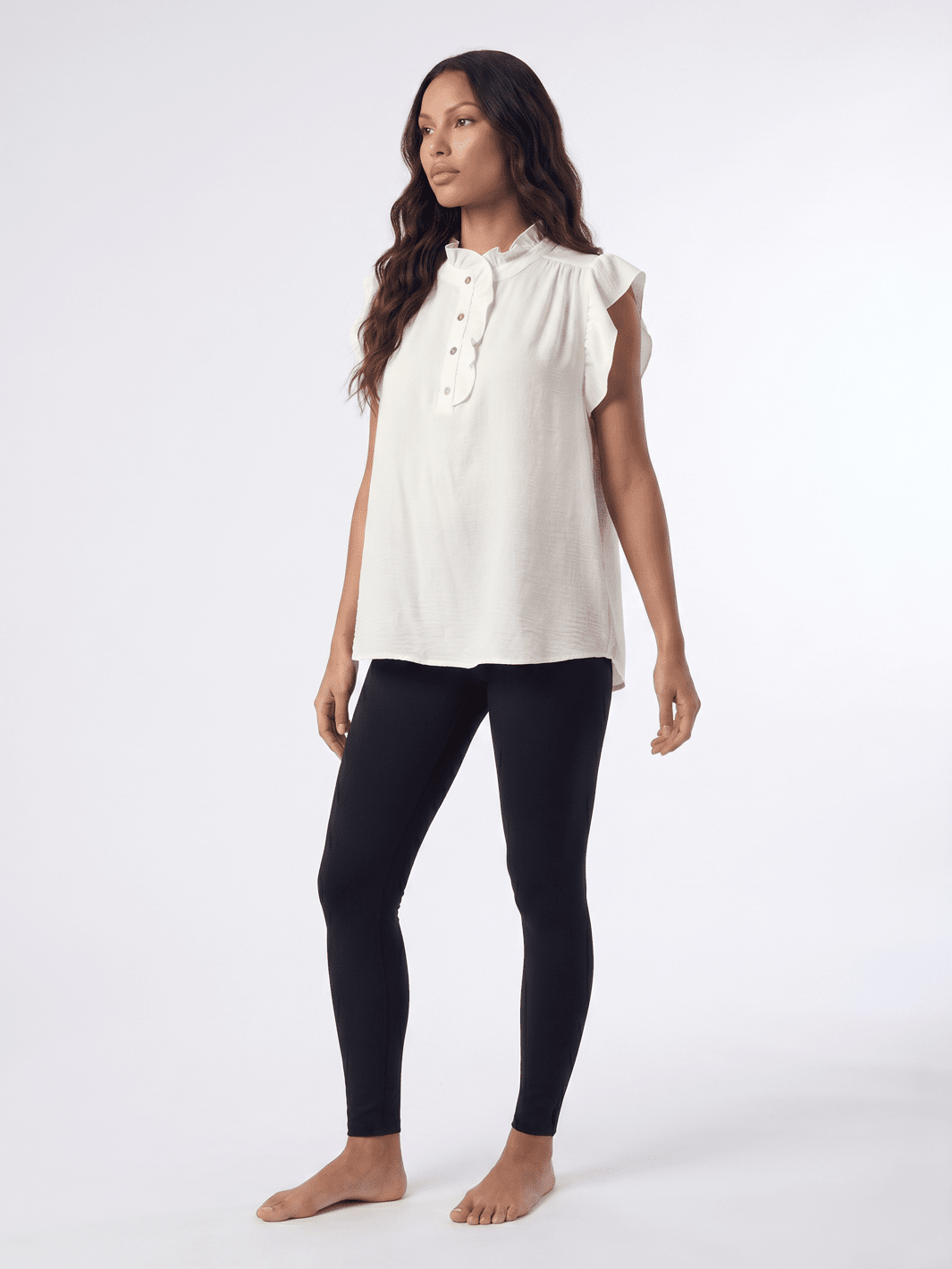 WOMEN'S SHORT RUFFLE SLEEVE BUTTON UP BLOUSE