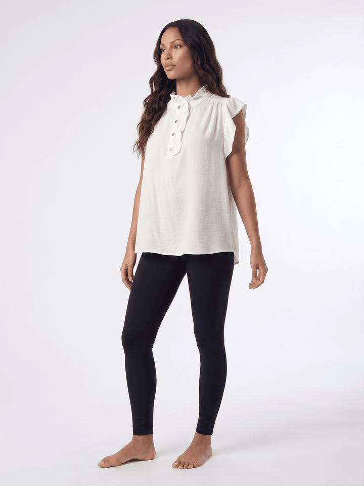 WOMEN'S SHORT RUFFLE SLEEVE BUTTON UP BLOUSE