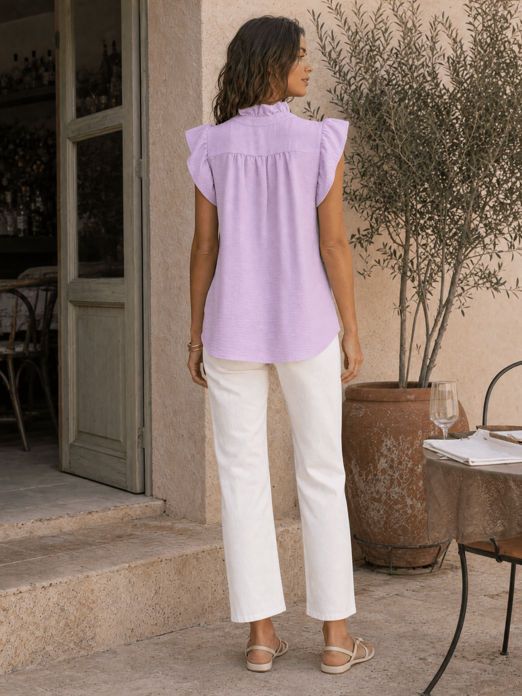 WOMEN'S SHORT RUFFLE SLEEVE BUTTON UP BLOUSE